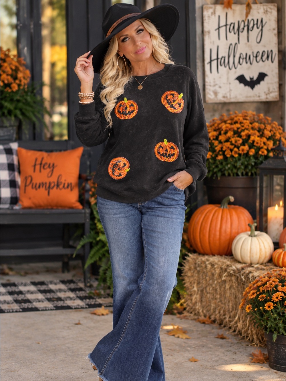 Women's Black Sequin Pumpkin Sweatshirt